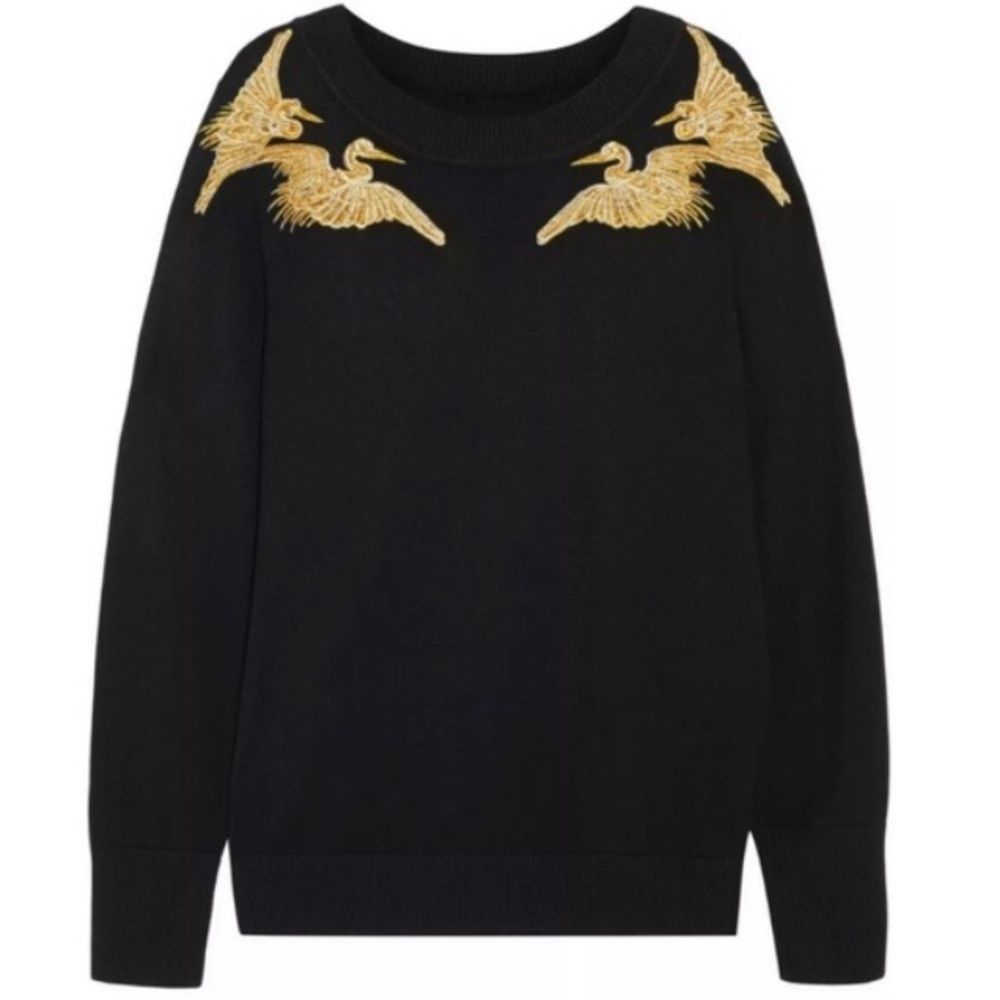 Black Sweater with Gold Crane Embroidery - Women's Sweater